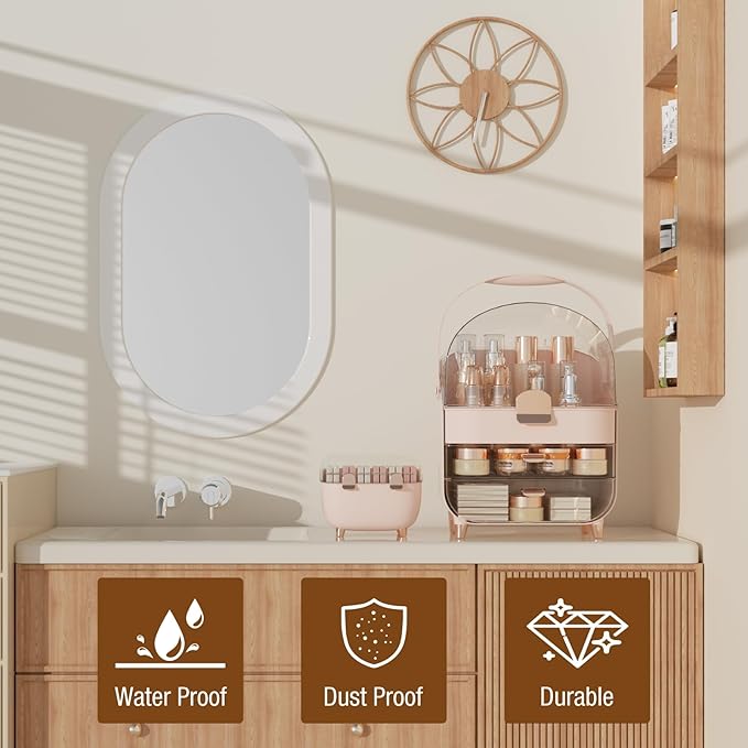 Makeup Organizer for Vanity with perfume Storage Box, Countertop Skincare Organizer with 2 Drawers, Cosmetic Display Case for Perfumes, Eyeshadow Palettes, Nail Polishes, Pink