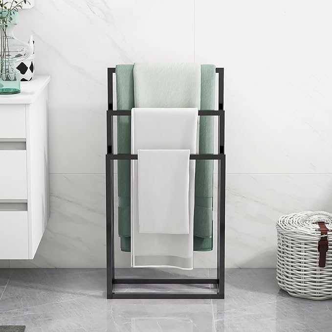 BOFENG 3 Tiers Black Metal Towel Rack Chrome Tall Industrial Modern Freestanding Towel Holder for Bathroom Accessories Organizer for Bath Storage & Hand Towels,Washcloths,Next to Tub or Shower