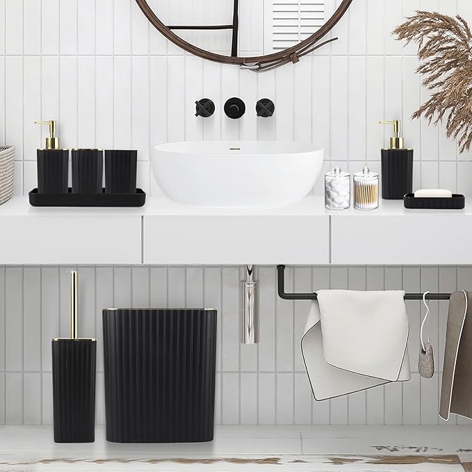 XLHOMO Bathroom Set with Shower Curtain and Rugs- 25PC Bathroom Accessory Set, Black Shower Curtain Set, Toilet Brush, Trash Can, Qtip Holder & Soap Dispenser