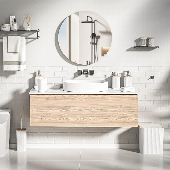 XLHOMO Bathroom Accessories Set - Elegant White Bathroom Set, 10PC Bathroom Accessory Set, Toilet Brush, Trash Can, Qtip Holder Dispenser & Soap Dispenser