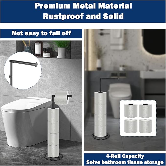 NearMoon Bath Toilet Paper Holder Stand- Modern Tissue Roll Holder Standing with Balanced Base, Rustproof Toilet Roll Holder for Bathroom/Kitchen Countertop (Matte Black, Metal Base)