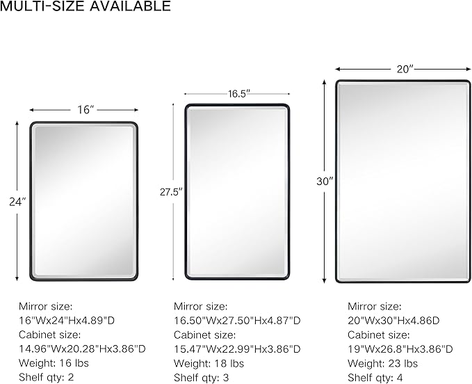 TEHOME Surface Mount 16x24 Brushed Nickel Bathroom Medicine Cabinet with Mirror Metal Framed Rounded Rectangle Medicine Cabinet with Beveled Mirror