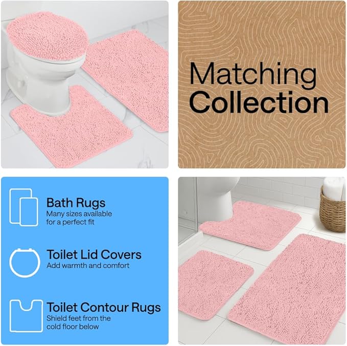 GORILLA GRIP Plush Absorbent Shaggy Chenille Bath Rug Mat for Oval Toilet Base with Rubber Backing, Machine Washable Rugs, Soft Microfiber Contour Mats for Toilets, Bathroom Decor, Lt Pink