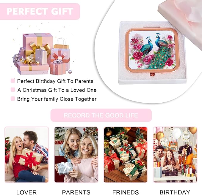 Vintage Compact Mirror Small Peacock Travel Makeup Mirror 2X 1X Magnification Double Sided Folding Square Mirror for Women Girl Metal Cosmetic Pocket Mirror for Purse Handbag