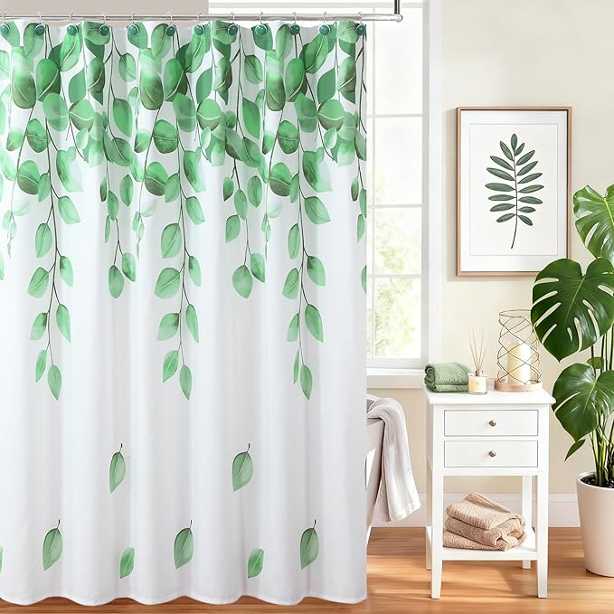 Green Leaf Fabric Shower Curtain, Watercolor Eucalyptus Leaves Plant Shower Curtain, Waterproof Decorative Boho Botanical Bathroom Curtains, 72" W x 72" H