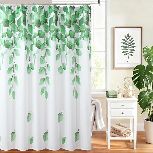 Green Leaf Fabric Shower Curtain, Watercolor Eucalyptus Leaves Plant Shower Curtain, Waterproof Decorative Boho Botanical Bathroom Curtains, 72" W x 72" H