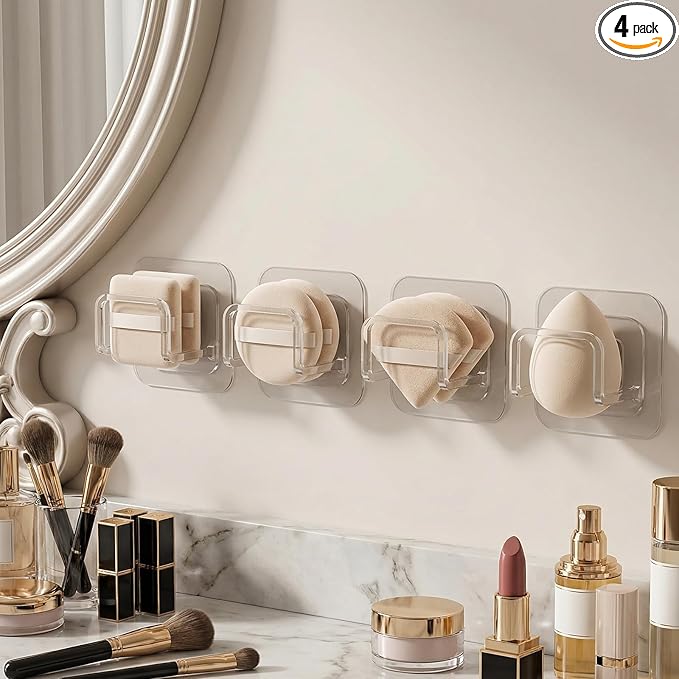 4PCS Adhesive Powder Puff Holder, Wall Mounted Sponge Caddy, Invisible Makeup Sponge Holder for Bathroom - Fits Various Powder Puffs & Saves Space (4.5 * 3.5 * 4.3cm)(Clear)