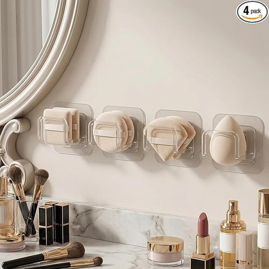 4PCS Adhesive Powder Puff Holder, Wall Mounted Sponge Caddy, Invisible Makeup Sponge Holder for Bathroom - Fits Various Powder Puffs & Saves Space (4.5 * 3.5 * 4.3cm)(Clear)