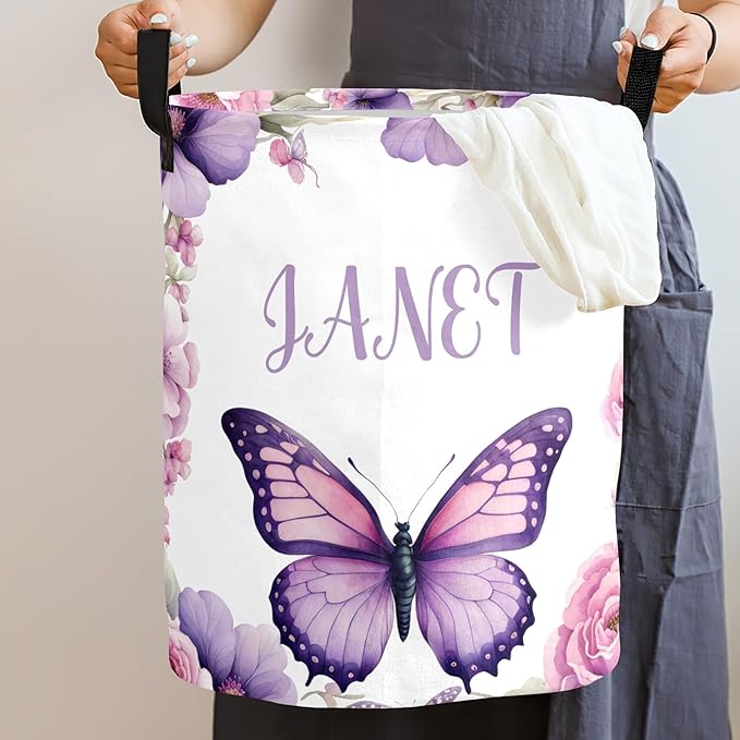 Large Custom Name Laundry Hamper, Butterfly Personalized Dirty Clothes Hamper Storage Basket with Name for Bathroom Bedrooms, Customized Name Circular Hamper with Handles for Baby Boys Girls Men Women