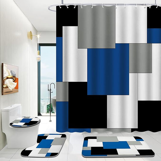 Blue Bathroom Sets with Shower Curtain and Rugs, 4 Piece Geometric Bathroom Shower Curtain Set with Rugs, Incl Shower Curtain with 12 Hooks, Bath Mat, U-Shaped Floor Mat, Toilet Lid Oval Rug