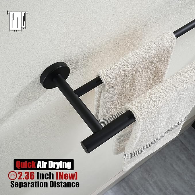JQK Double Towel Bar Black, 15 Inch 304 Stainless Steel Thicken 0.8mm Towel Rack Holder for Bathroom Washcloths and Hand Towels, Matte Black Wall Mount, Useable Length 12 Inch, TB100L12-PB