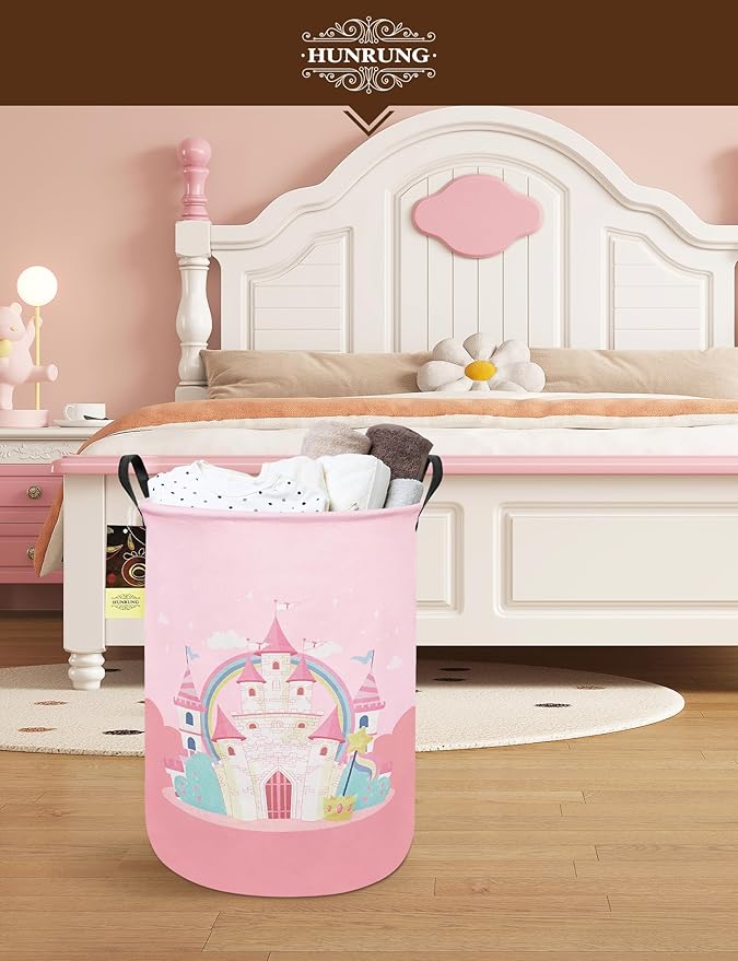 HUNRUNG Laundry Hamper,Large Canvas Fabric Lightweight Storage Basket Toy Organizer Dirty Clothes Collapsible Waterproof for College Dorms(Pink Castle)