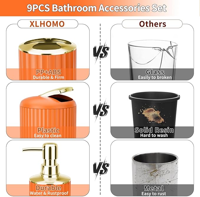 XLHOMO 9PCS Orange Bathroom Accessories Set Complete with Trash Can, Vanity Tray, Soap Dispenser, Soap Dish, Toothbrush Holder, Toothbrush Cup, Toilet Brush and Qtip Holders