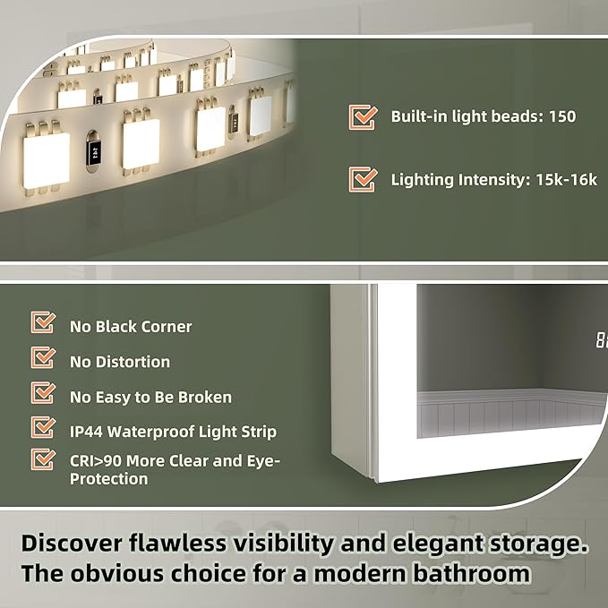 LED Medicine Cabinet Mirror, 60x30 Inch Bathroom Storage, Recessed/Wall Mount, Plug-in/Hardwired, 3 Color Dimmable Light, Anti-Fog, Time Temp Display