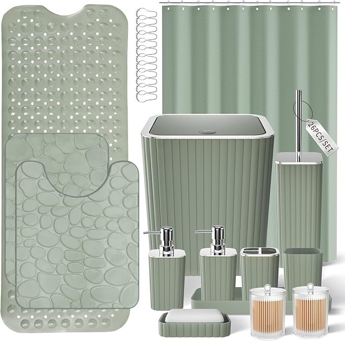 XLHOMO 26PC Bathroom Accessories Set - Gorgeous Bathroom Set, Sage Green Bathroom Accessory Set, Shower Curtain Set with Bathtub Mats for Shower Tub, Trash Can & Soap Dispenser