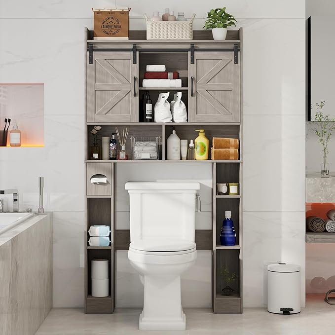 Vabches Farmhouse Storage Cabinet Over Toilet with Sliding Doors, Home Space-Saving Toilet Rack, Over The Toilet Storage Cabinet, Open Storage Shelf, for Bathroom, Laundry, Restroom.Wash Grey