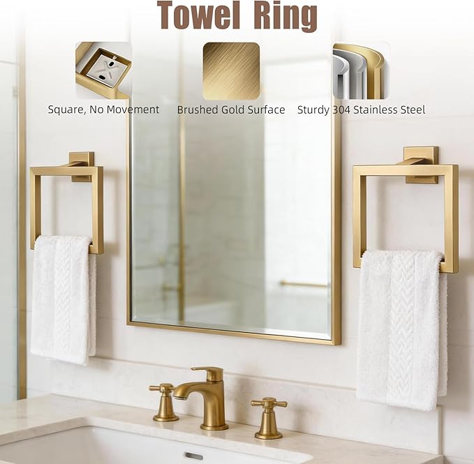 Brushed Gold Bathroom Accessories 6-Piece, Stainless Steel Luxury Bathroom Hardware Set, 16" Towel Bar, Toilet Paper Holder with Shelf, 2 Towel Rings & 2 Hooks, Wall Mounted for Bathroom Remodel
