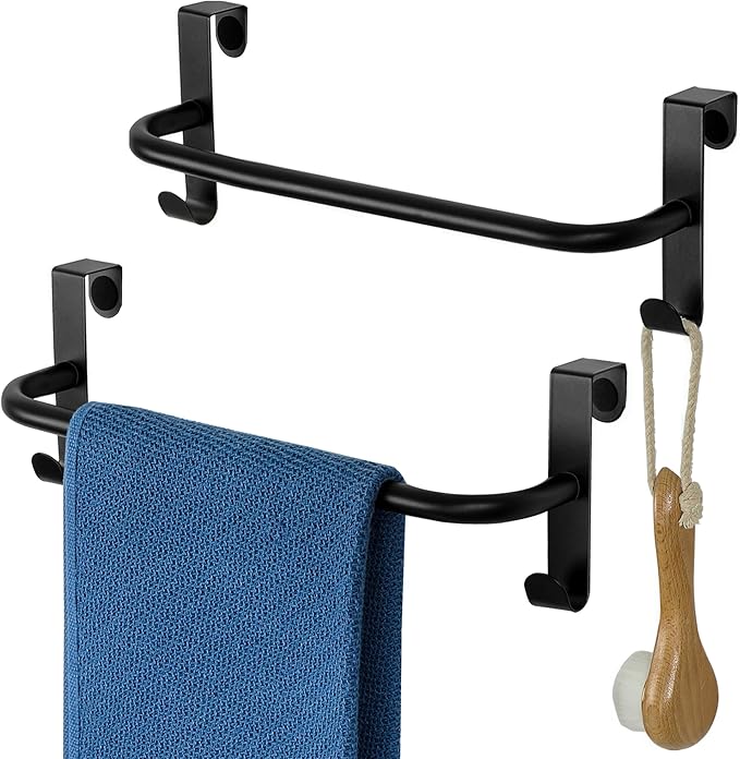 SAYAYO Over Cabinet Towel Bar Black, 10 Inch Kitchen Towel Holder with 2 Hooks, Over The Cupboard Door Dish Towel Rack, 2 Pcs (11.5 Inch Total Length)