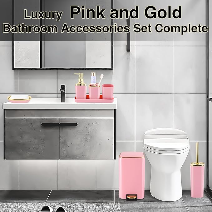 XLHOMO Pink Bathroom Accessories Set 8 Piece Pink and Gold Bathroom Set, Bathroom Sets with Stainless Steel Trash Can,Toilet Brush,Toothbrush Set,Soap Dispenser