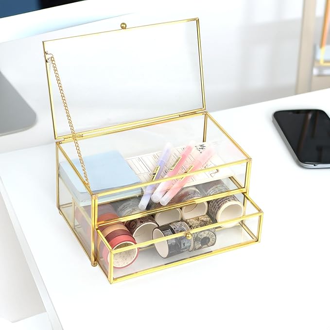 2-Tier Vintage Clear Desk Organizer with Drawer,Gold Decorative Storage Boxes,Jewelry Holder Display Tray Trinket Boxes Glass Memory Keepsake Box Dresser Vanity Wedding Decor Gifts for Her (Gold)