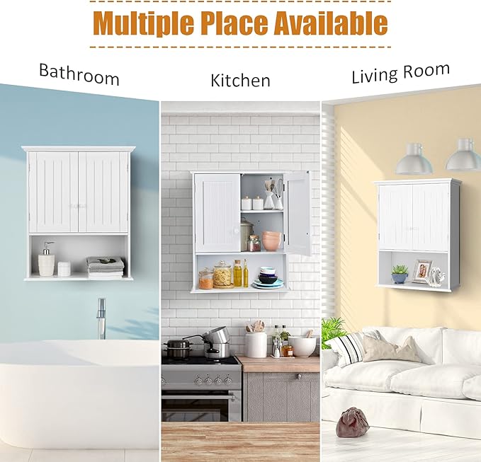 COSTWAY Wall Mounted Bathroom Cabinet, Over The Toilet Storage Cabinet w/Double Doors & Adjustable Shelf, Wood Hanging Medicine Cabinet for Living Room, Entryway, Kitchen (White)