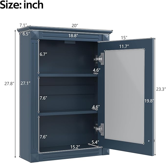 Merax Bathroom Medicine Cabinet with Mirror Door & Adjustable Shelves, 20" x 28" Wall Mounted Bathroom Storage Cabinet with Mirror, Over the Toilet