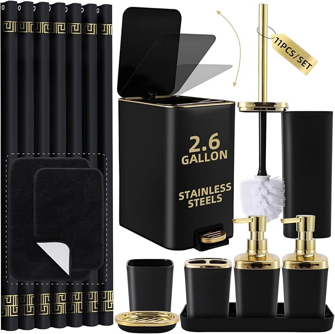 XLHOMO Bathroom Sets with Shower Curtain and Rugs Black Bathroom Accessories Bathroom Set,Soap Dispenser & Toilet Brush Holder Set with Stainless Steel Trash Can