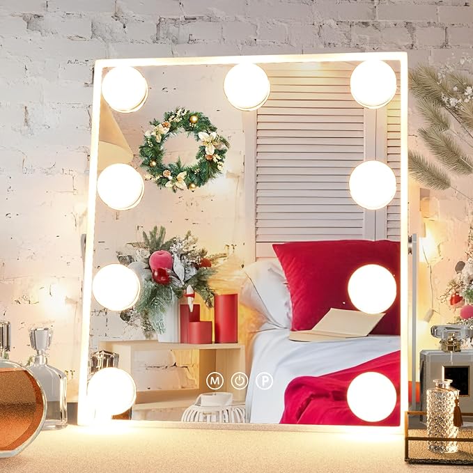 Hollywood Vanity Mirror with Lights, 9 LED Bulbs Hollywood Makeup Mirror, Tabletop Vanity Lighted Mirror with 3 Color Lighting Modes, Smart Touch Control, White