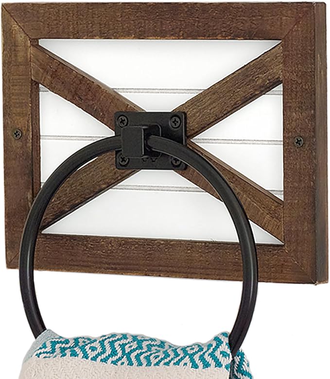 Autumn Alley Farmhouse Decor Hand Towel Ring for Bathroom - Coastal Towel Holder/Rack, Wall Mounted, Mix of Wood, Unique Shiplap & Black Ring