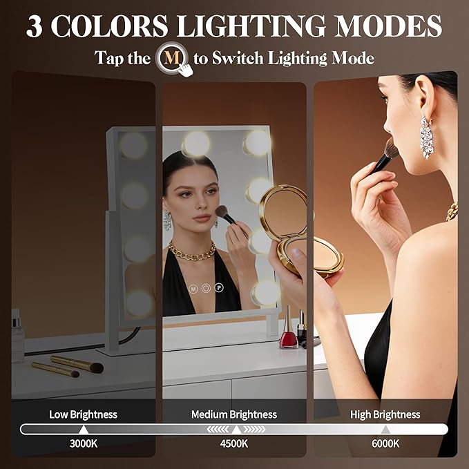 Magnifying Makeup Mirror Hollywood Vanity Mirror with Lights, 3 colors light, Smart Touch Control, brightness adjustable, 360°Rotation with Detachable 40X Small Magnification Mirror (14“L x 12“W)