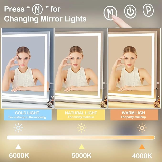 Gvnkvn Makeup Vanity Mirror with USB Charging Port 19" L x 24" W LED Makeup Mirror, Desk Mirorr with Lights, Light up Mirror with 10X Magnification and, Dimmable 3 Modes, Touch Control Gold