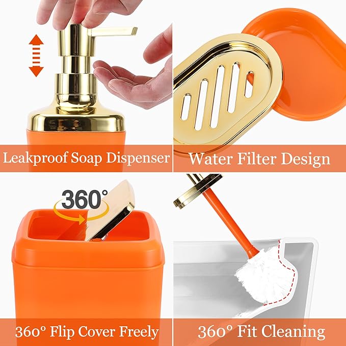 XLHOMO Bathroom Set - Orange and Gold Bathroom Accessories, Bathroom Sets with Shower Curtain and Rugs, Orange Shower Curtain Set with Bathroom Trash Can, Soap Dispenser, Soap Dish for Home Decor