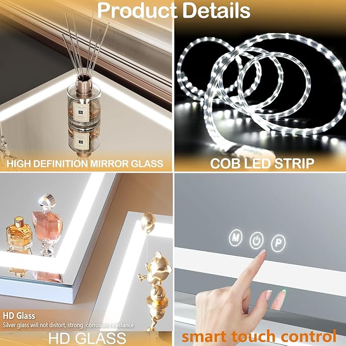 Gvnkvn Vanity Mirror with Lights, 11"× 14" LED Makeup Mirror, Lighted Makeup Mirror with Lights, Smart Touch Control Dimmable 3 Modes Light 360°Rotation White