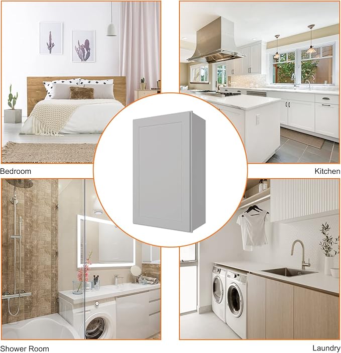 ROOMTEC (Light Gray Wood Wall Cabinet, RTA Single Door Medicine Cabinet with Adjustable Shelves and Soft-Close Door for Kitchen, Bathroom, and Laundry. 12" D*18" W*36" H