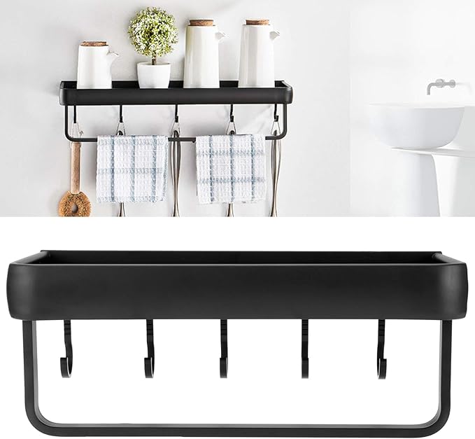30cm Bathroom Shelf, Wall Mounted Storage Rack, Aluminum Material, with Heightened Fence Design, Ideal for Home Bathrooms (Single Layer with Rod with 5 Hooks)