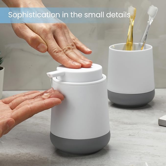 GAHEFY White Bathroom Countertop Accessories Set - Soap Dispenser and Toothbrush Holder with Silicone Boot,Vanity Tray (White Liquid)
