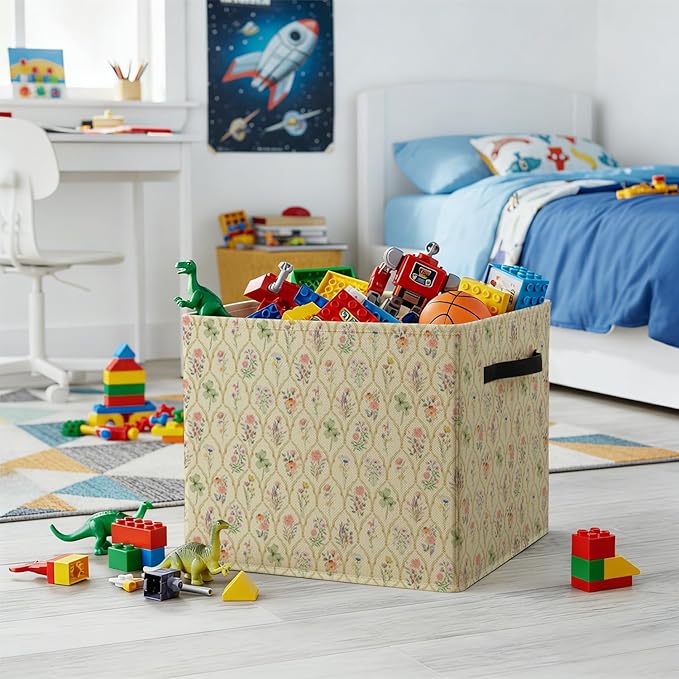 Boho Floral Storage Bin Box with Handles, Vintage Cottagecore Botanical Flower Foldable Baskets Organizer for Bedroom Bathroom Home Clothes Toys Books, Toybox for Girls Room