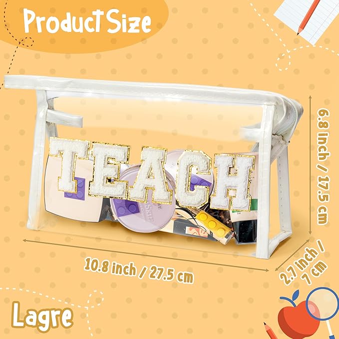 CY2SIDE TEACH Clear Makeup Bag - White TEACH Letter Patch Cosmetic Bag with Handle for Travel PVC Zipper Clear Toiletries Waterproof Portable Travel Organizer Teacher Appreciation Gifts, White