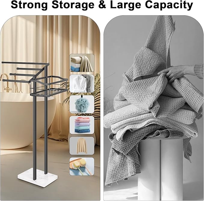 HarJue Towel Rack for Bathroom, 36” H Towel Holder Stand, Bath Towels Sheet Holder with Marble Base, Standing Rack for Home Pool Outdoor Floor, Store Family Member Towels (Black, 36” H-Basket)