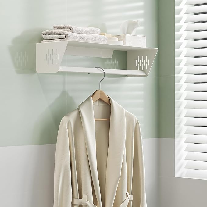 Qeke Bathroom Lavatory Towel Rack, Wall Mount Towel Holder Towel Hanger Shelf with Towel Bar, SUS 304 Stainless Steel Towel Rack for Bathroom and Lavatory, Matte White, 18 Inch