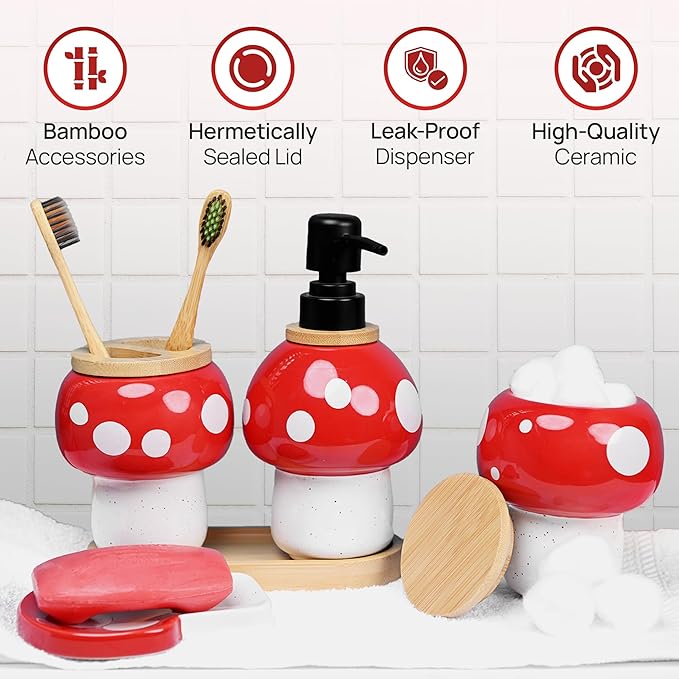 Mushroom Bathroom Decor Set – Ceramic Soap Dispenser, Toothbrush Holder, Canister, and Soap Dish with Bamboo Accessories – Cottagecore Bathroom Gifts for Women