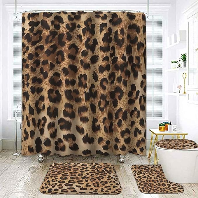 TOMWISH 4 Pcs Leopard Shower Curtain,Brown Cheetah Print Bathroom Sets Complete,Shower Curtain Toilet Lid Cover and Bath Mat Bathroom Decor Sets,juego de baños de Set Bath Accessories with Hooks