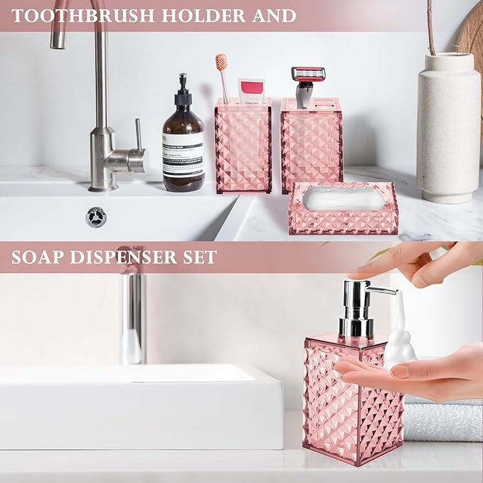 Bathroom Accessory Set, Grid Pattern 4 Pcs Plastic Bathroom Set Include Soap Dispenser, Soap Dish, Toothbrush Holder, Mousewash Cup, Modern Bahtroom D??cor Set(Pink)