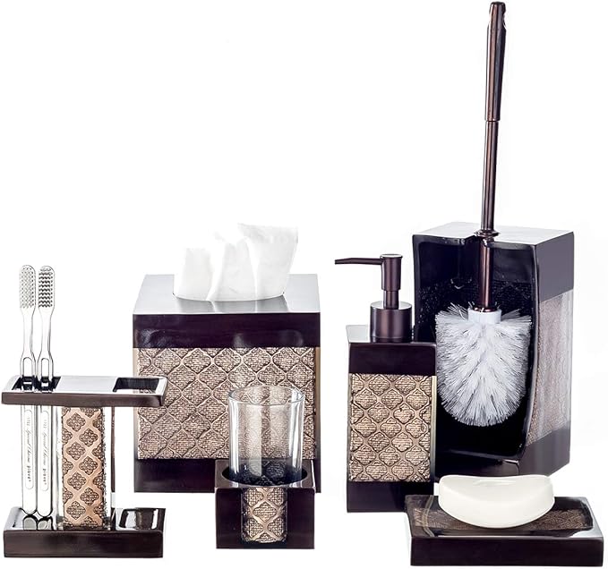 Creative Scents Dahlia 4-Piece Brown Bathroom Accessories Set Complete - Luxury Resin Bath Decor Includes Soap Dispenser, Toothbrush Holder, Tumbler & Soap Dish - Modern Brown Textured Design