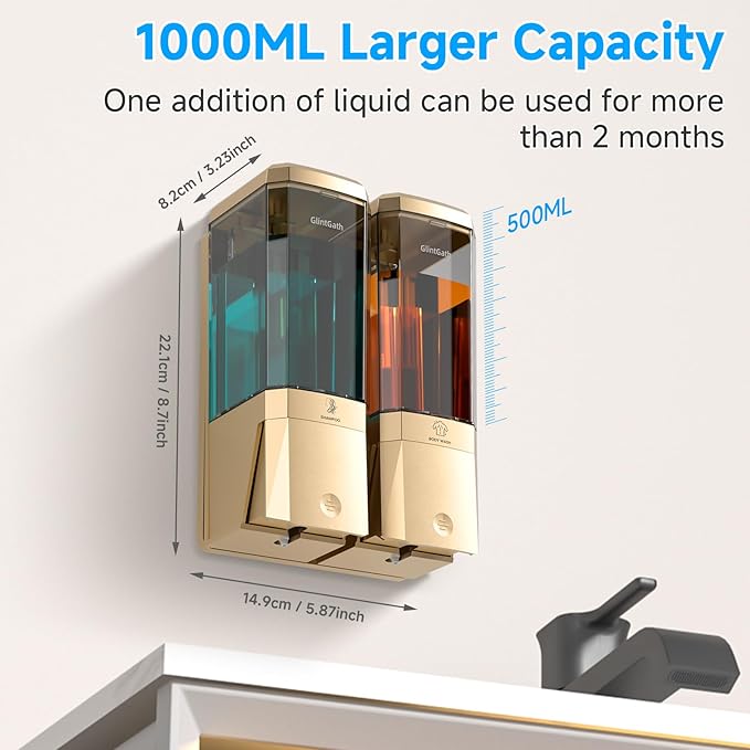 Shampoo and Conditioner Dispenser,Shower Dispenser 2 Chamber No Drill Shampoo Dispenser for Shower Wall Mounted Shower Soap Dispenser for Bathroom Hotel,Large Capacity 2 * 500ML,Gold