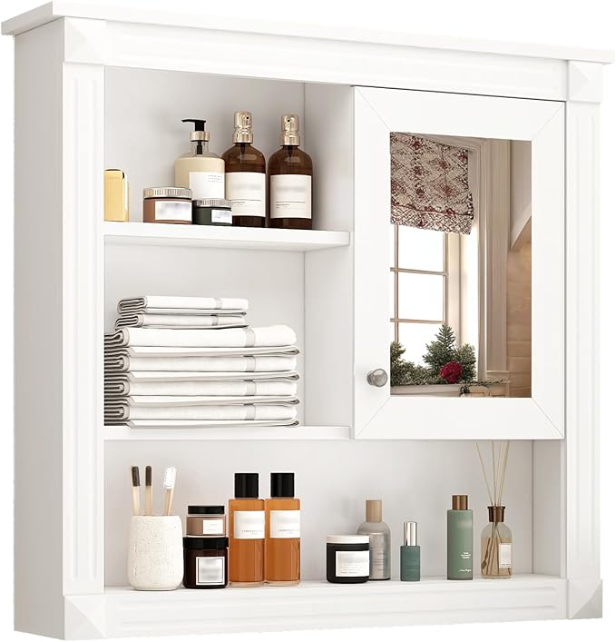 Merax Bathroom Medicine Cabinet with Mirror Door & Adjustable Shelves, 32" x 28" Wall Mounted Bathroom Storage Cabinet with Mirror, Over The Toilet