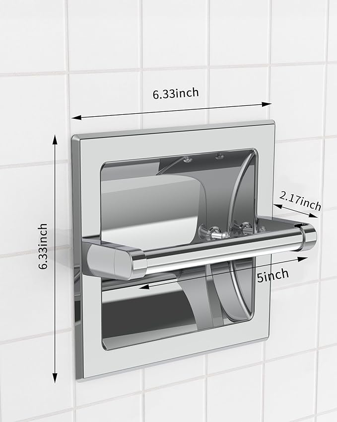 Polished Chrome Recessed Toilet Paper Holder, Bathroom Wall Mount Recessed Pivoting Toilet Tissue Roll Paper Holder Include Rear Mounting Bracket