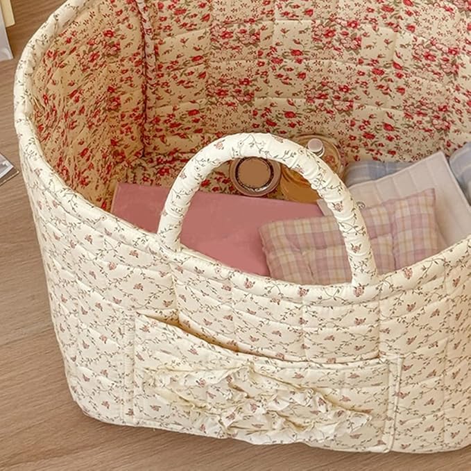 Quilted Fabric Storage Basket Boho Floral Laundry Baskets with Handles Collapsible Quilted Soft Basket for Car, Clothes, Toys Storage