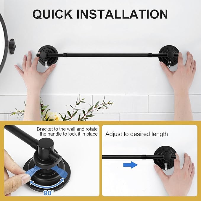Suction Cup Towel Bar for Shower, 15.75''-25.6'' Adjustable Stainless Steel Towel Holder, Heavy Duty Suction Towel Rack with Powerful Vacuum Adsorption for Bathroom, Kitchen, RV, and Renters (Black)