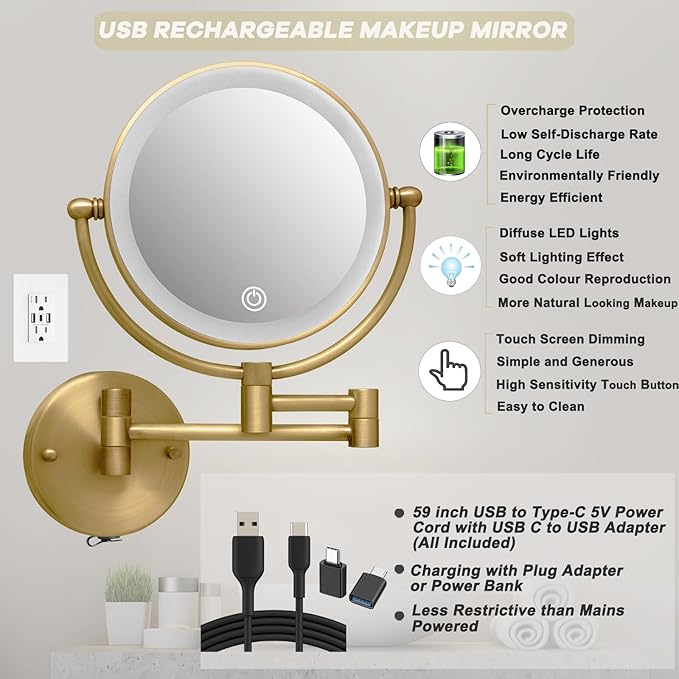 Antique Brass Rechargeable Wall Mounted Makeup Mirror, 1X/10X Magnifying Mirror for Bathroom, 8 Inch 2 Sided 360 Swivel Extendable Arm Vanity Shaving Mirror for Bathroom